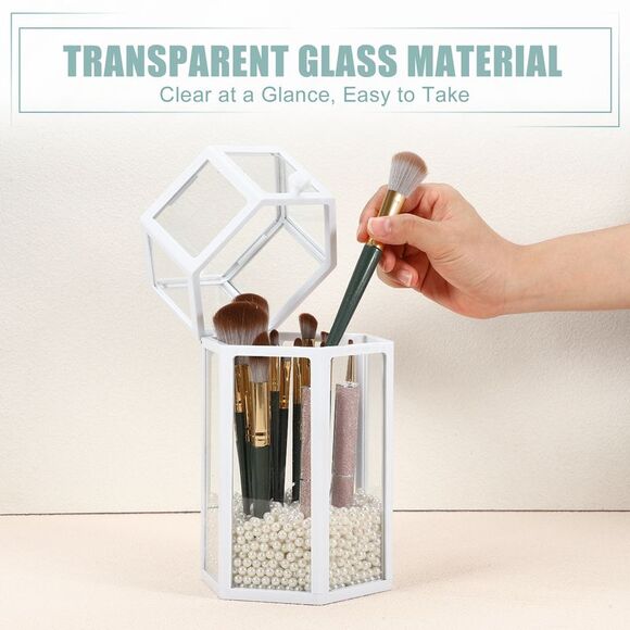 Clear Dustproof Hexagon Makeup Brush Storage Box with Beige Faux Pearl White - Picture 5 of 6